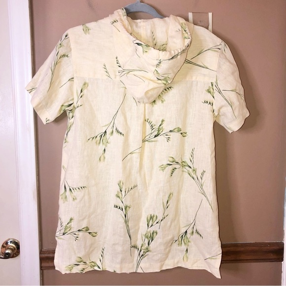 Positive attitude Vintage linen Floral Button Hooded Shirt Yellow Cream medium - Picture 2 of 6